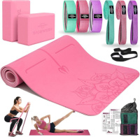 DICYWUDI Yoga Mat Thick Set with 6 Fabric Bands and 2 Yoga Blocks - Home Starter Kit