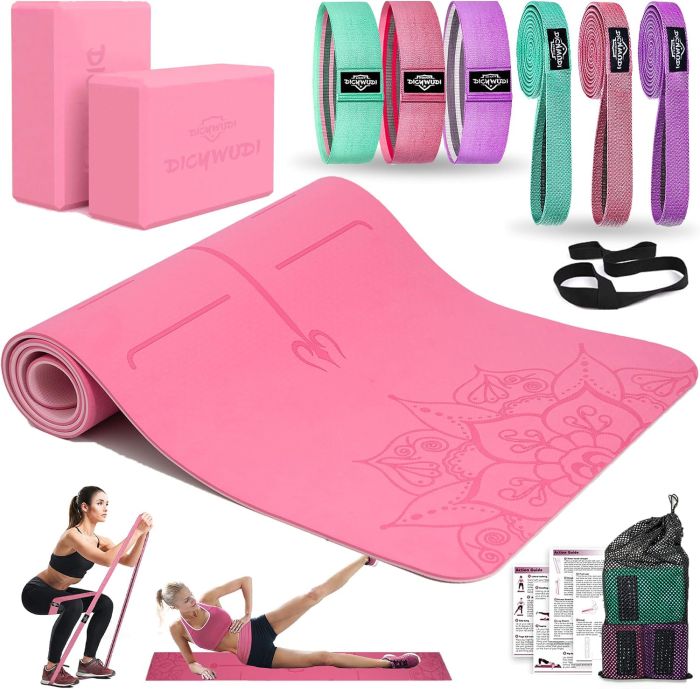 DICYWUDI Yoga Mat Thick Set with 6 Fabric Bands and 2 Yoga Blocks - Home Starter Kit